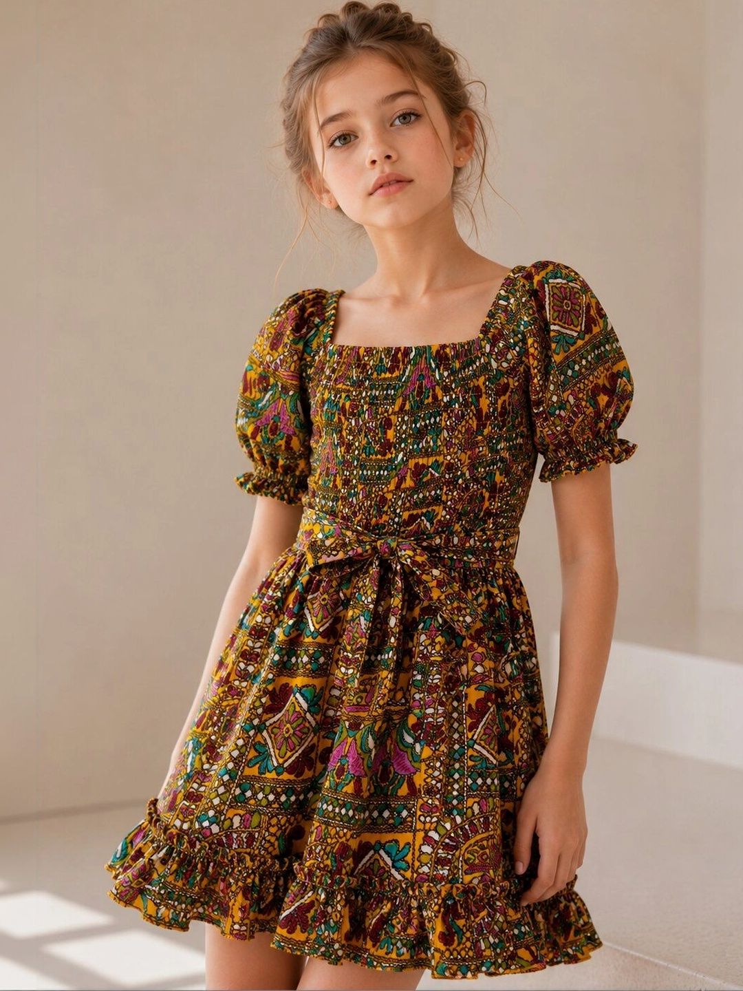 BAESD Bohemian Print Puff Sleeve A-Line Dress-picture-12