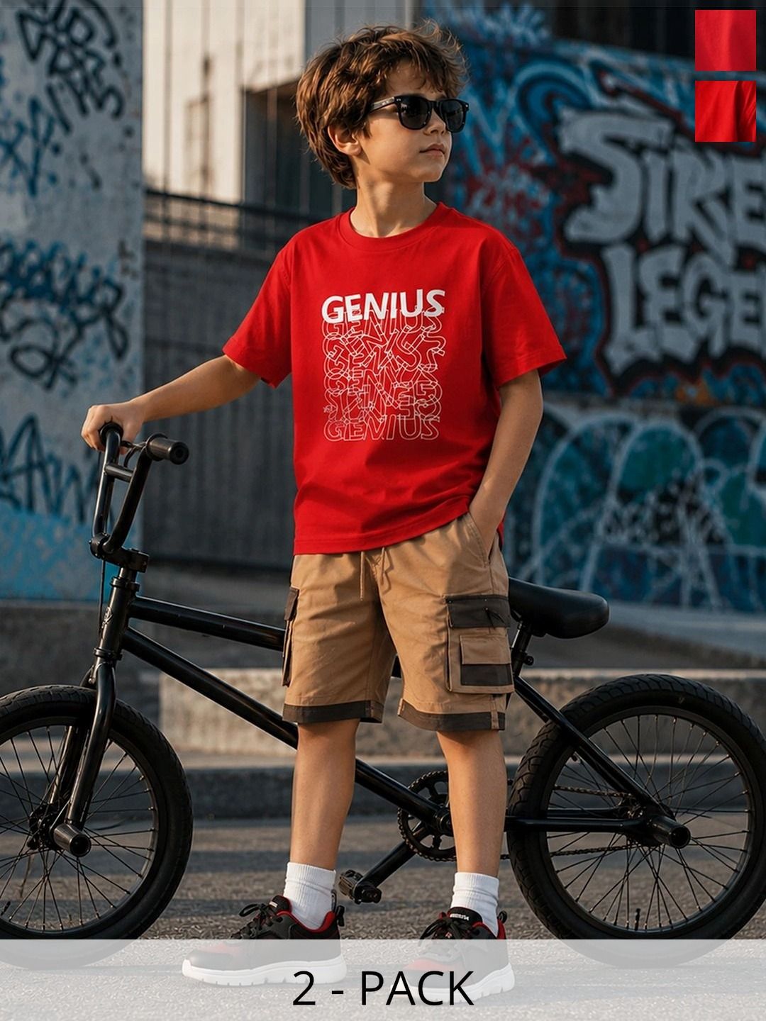 Purple United Kids Boys Red Printed Soft Fabric Tshirt Beige Casual Cargo Bermuda Combo Set-picture-22