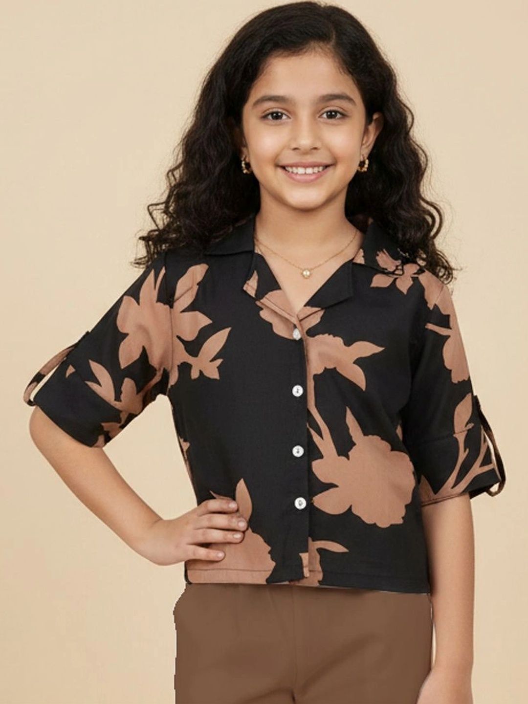 Aarya Designer Floral Print Roll-Up Sleeves Tropical Crepe Shirt Style Top-picture-37