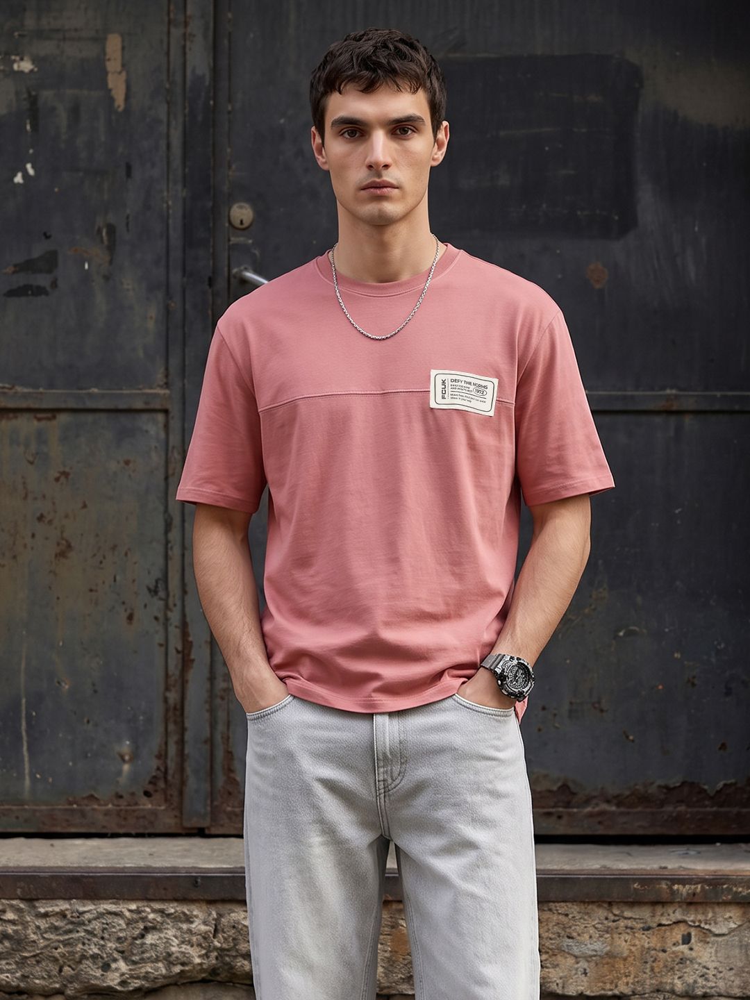 FCUK Drop-Shoulder Sleeves Pure Cotton Relaxed Fit T-shirt-picture-7