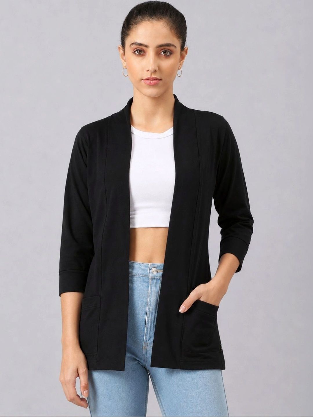 Kryptic Shawl Collar Open Front Shrug-image-29