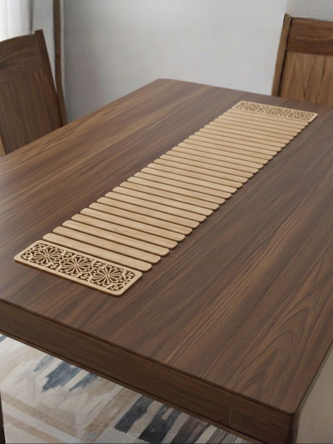 THE HOME CO. Brown Wooden Abstract Laser Cut Design Foldable Table Runner-picture-51