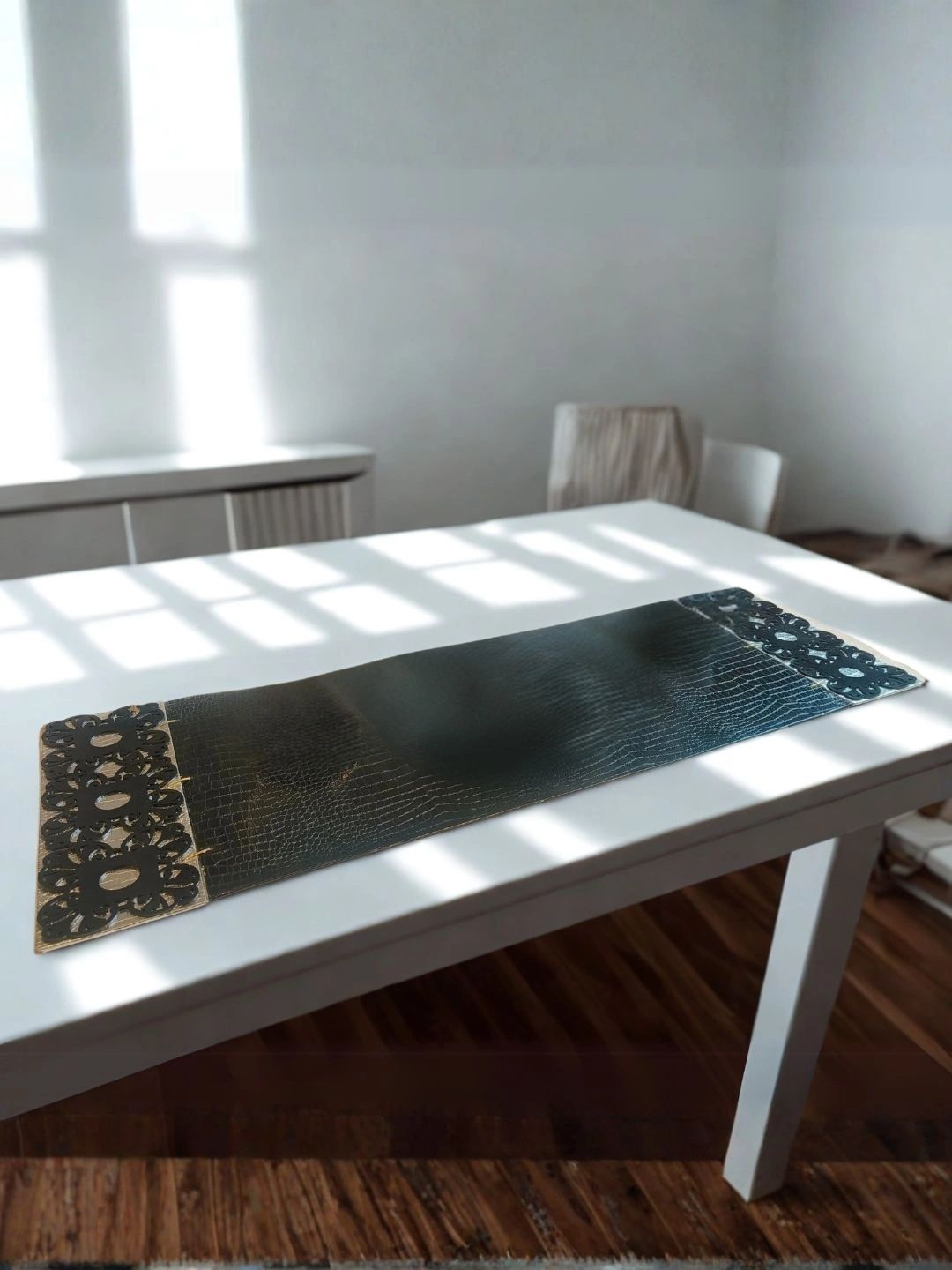 THE HOME CO. Black Leatherette Table Runner Laser Cut Design-picture-28