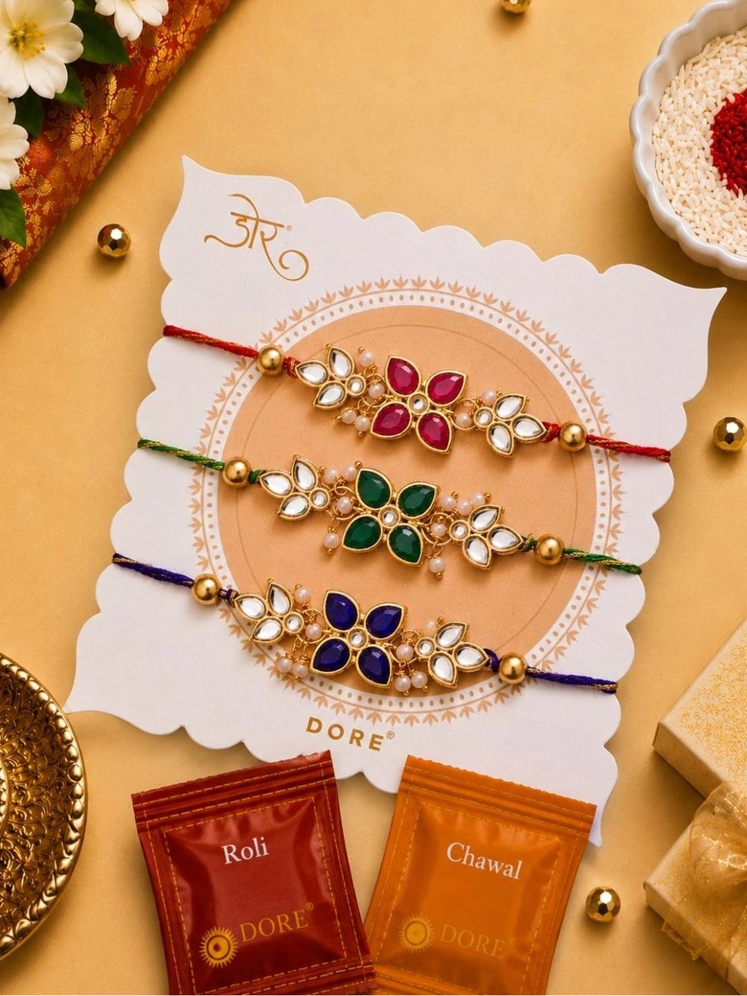 Dore Set of 3 Multicolor Floral Kundan with Beads Designer Rakhi-picture-20