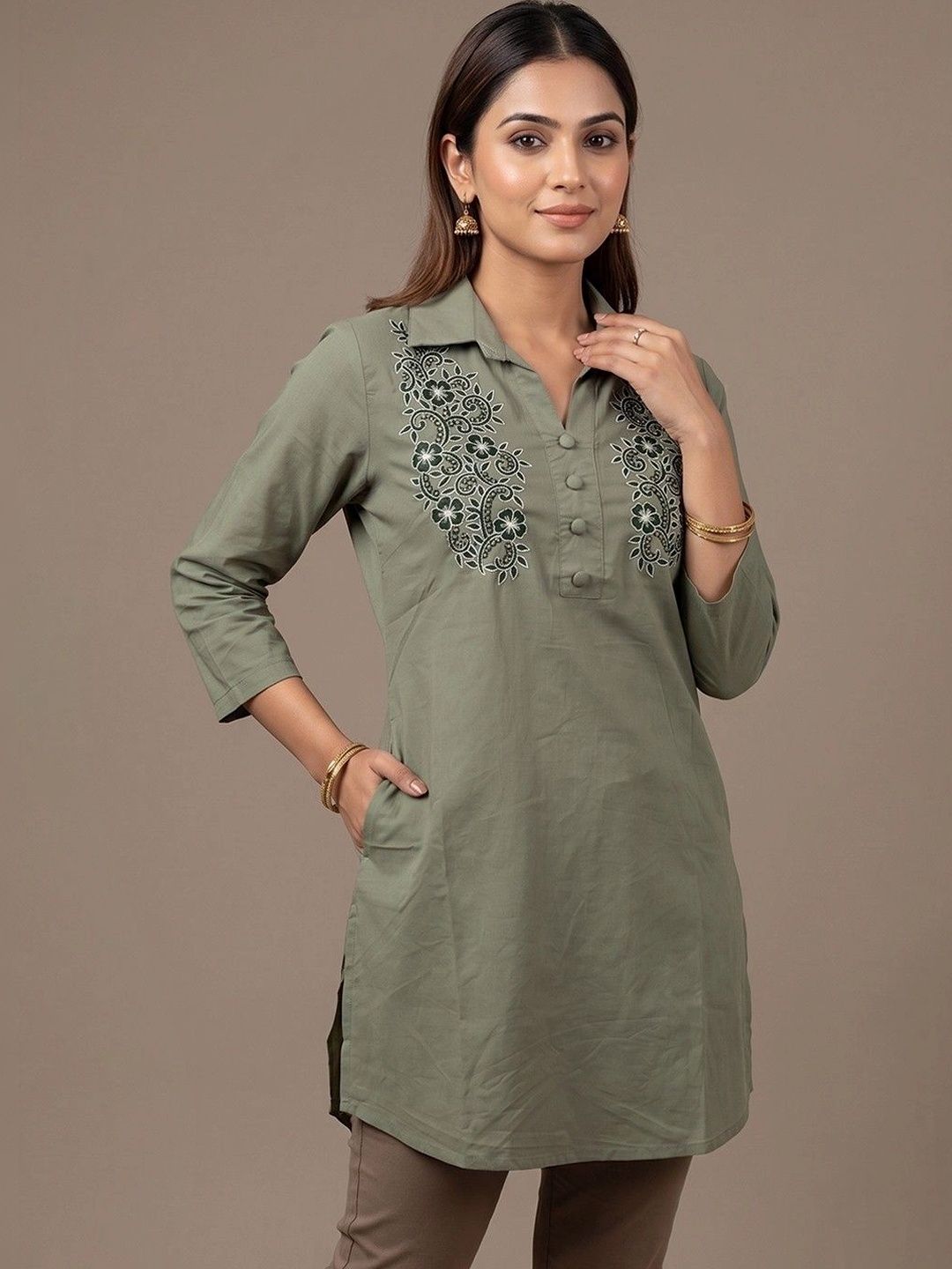 makemyfab Floral Embroidered Shirt Collar Kurti-picture-29