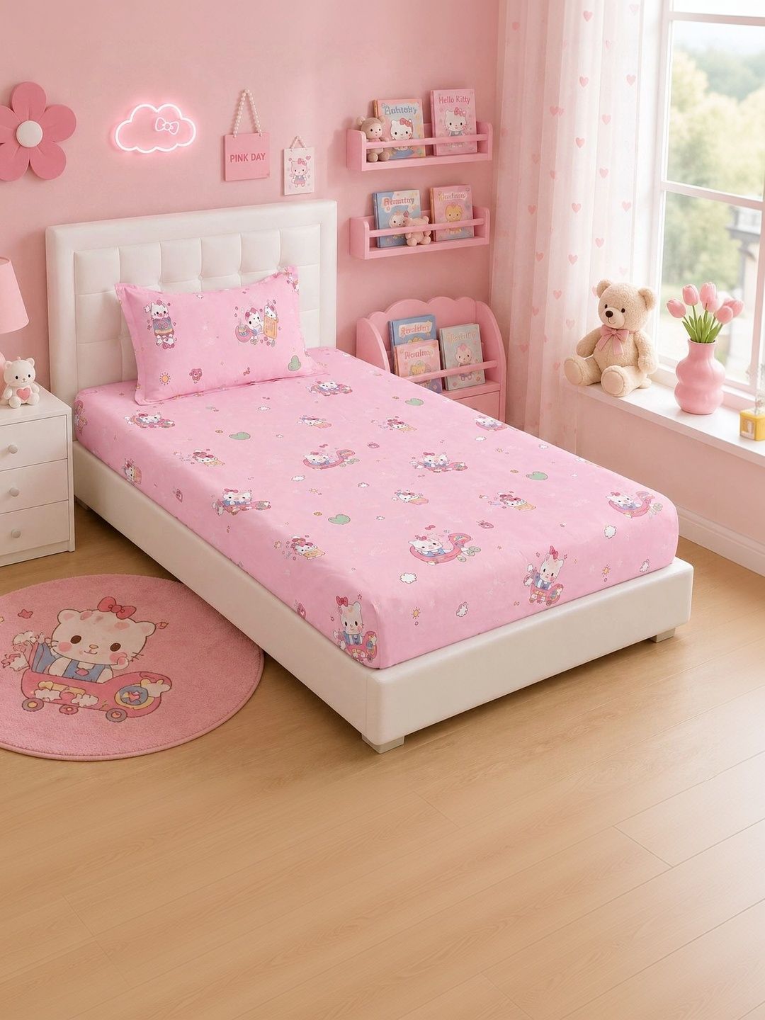 Filymore Pink & White Cartoon Characters 300 TC Single Bedsheet with 1 Pillow Covers-picture-38