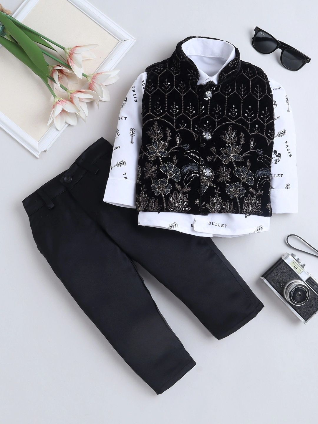 Miss & Chief Boys Self Design Mandarin Collar Single-Breasted Three-Piece Suit-image-30