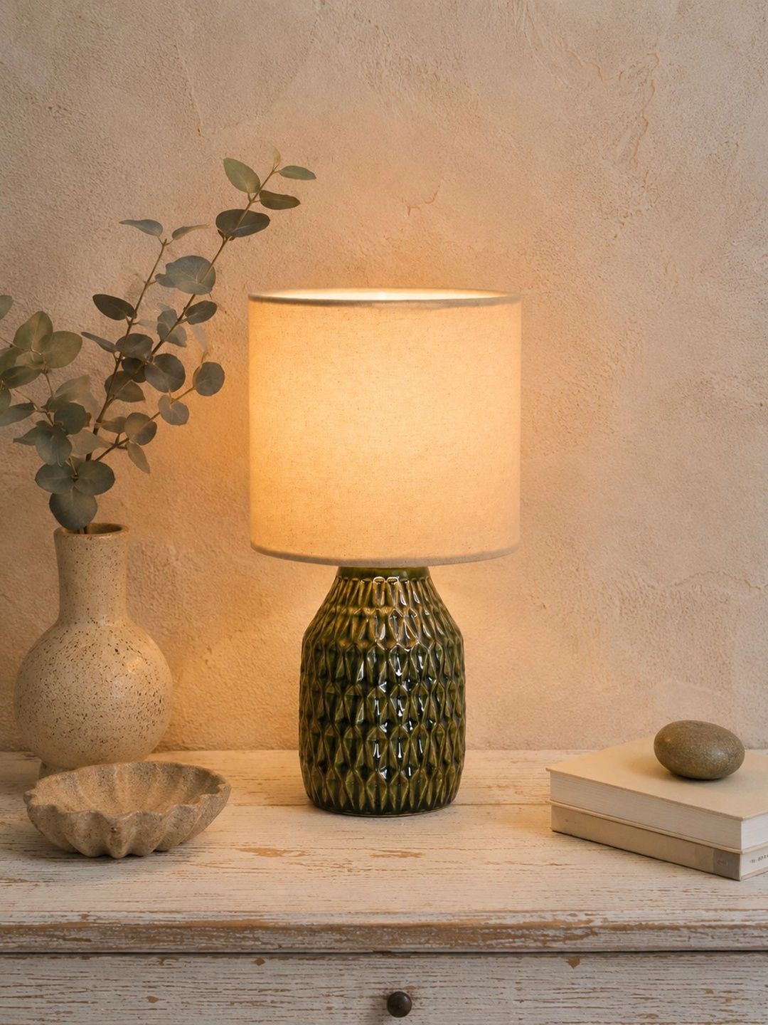 Glowhere Off White Textured Ceramic Industrial Cylindrical Shaped Table Lamp-picture-49
