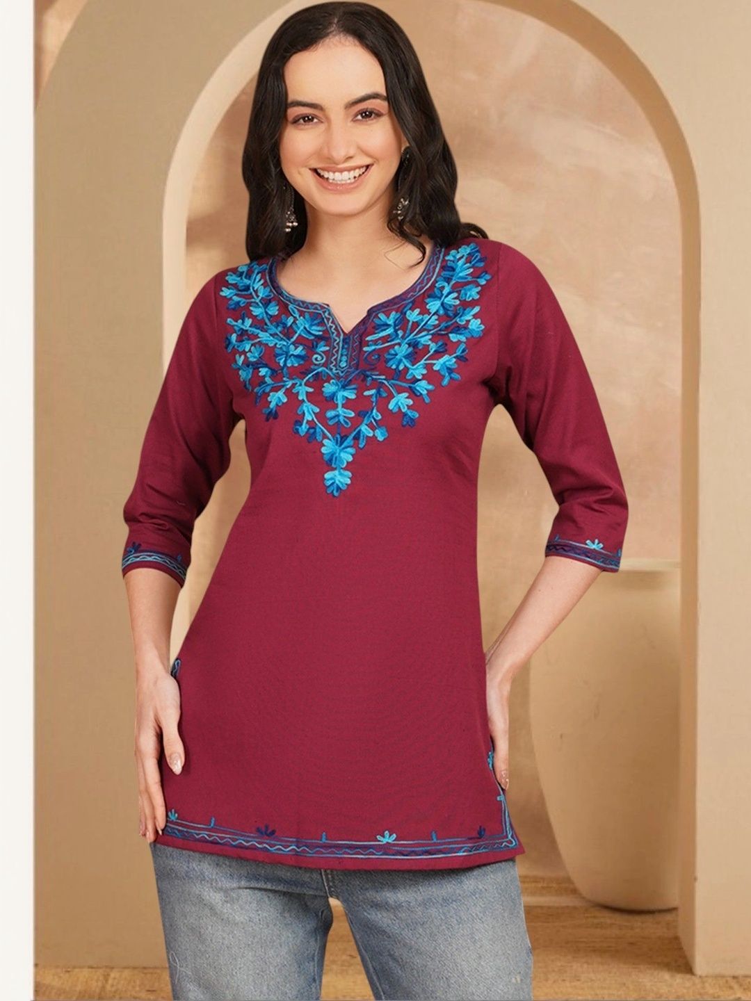 Anouk Rustic Ethnic Motifs Embroidered V-Neck Thread Work Pure Cotton Blend Khadi Thread Work Kurti-picture-18
