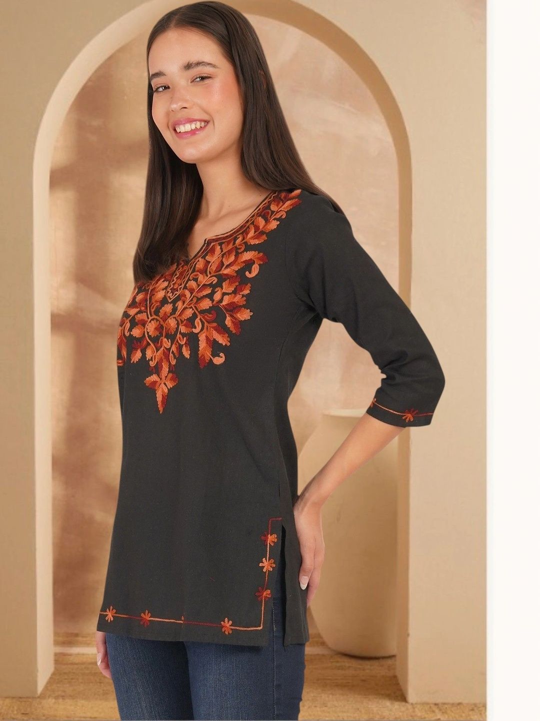 Anouk Rustic Floral Embroidered V-Neck Thread Work Pure Cotton Blend Khadi Thread Work Kurti-picture-35