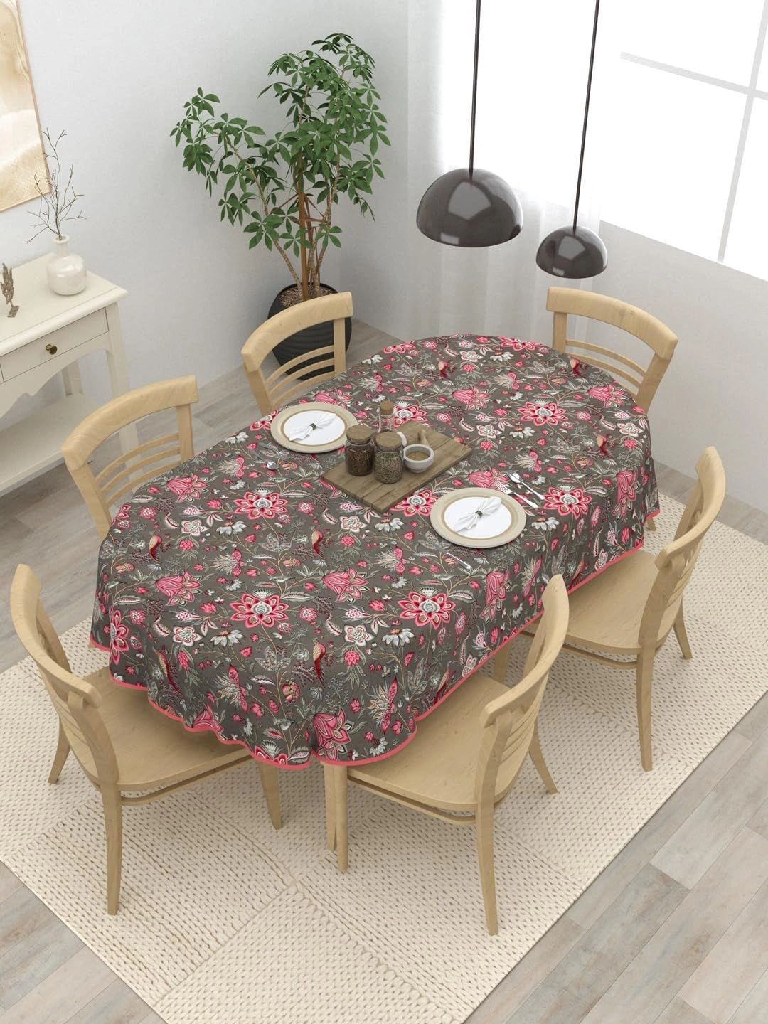Aura Pink Floral Cotton Oval 6-Seater Table Cover-picture-39