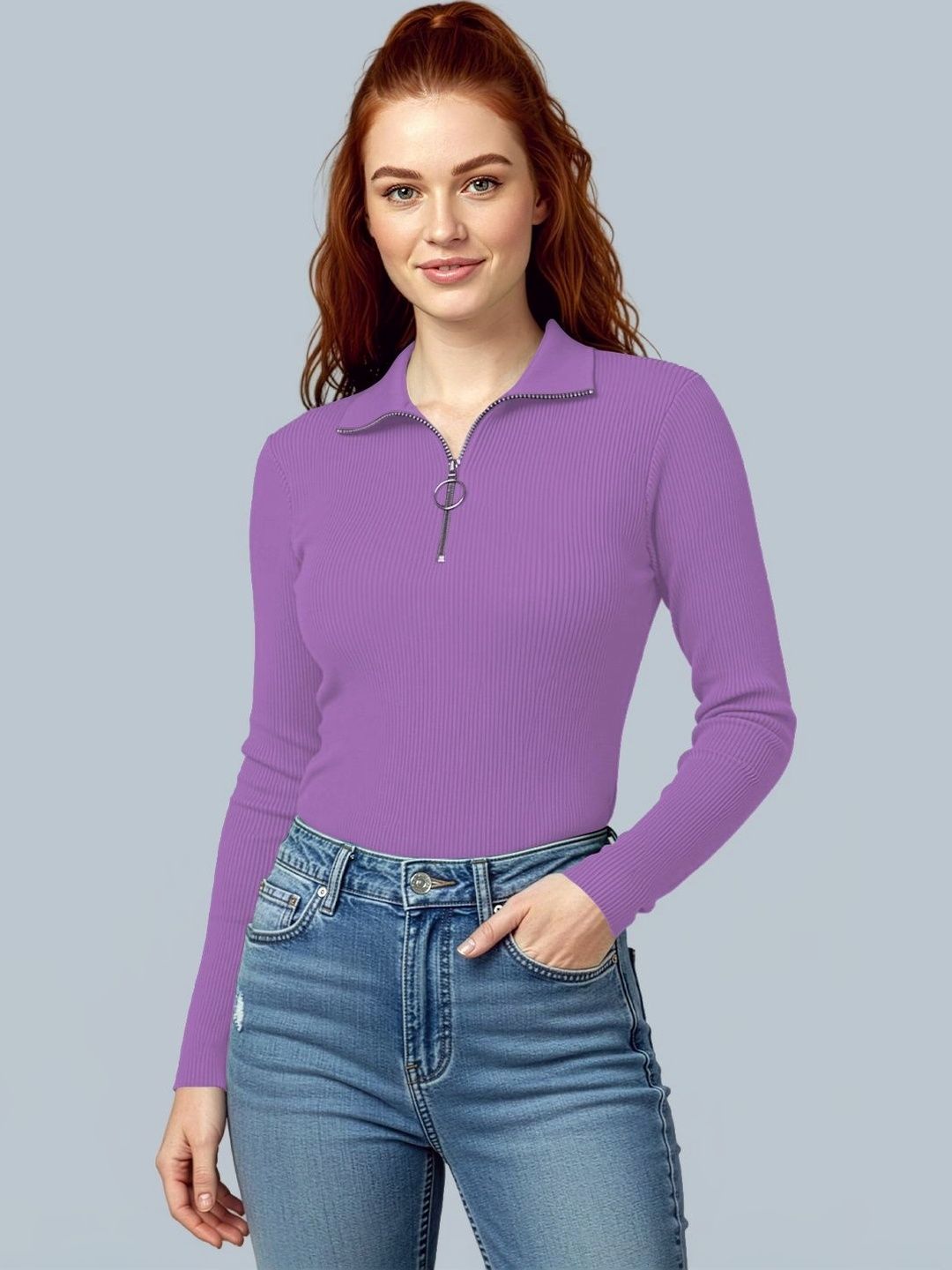 navyankaa Lavender Ribbed Long Sleeve Shirt Collar Top-picture-57