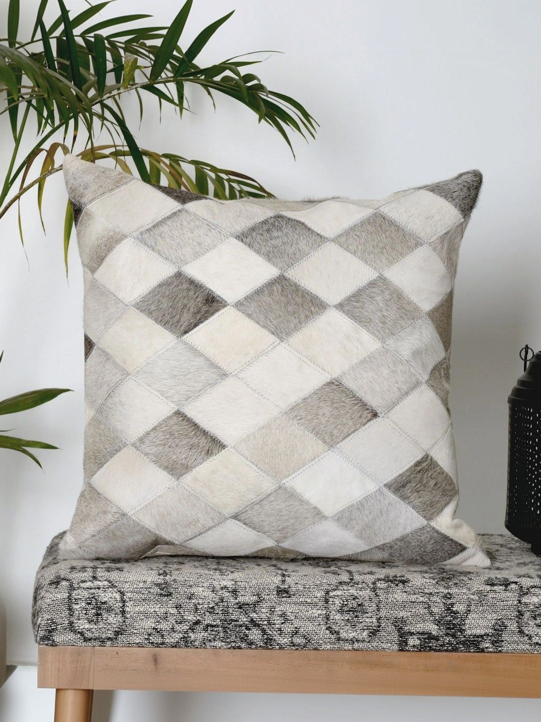 Homzz Grey Geometric Leather Blend Square Cushion Covers-image-35