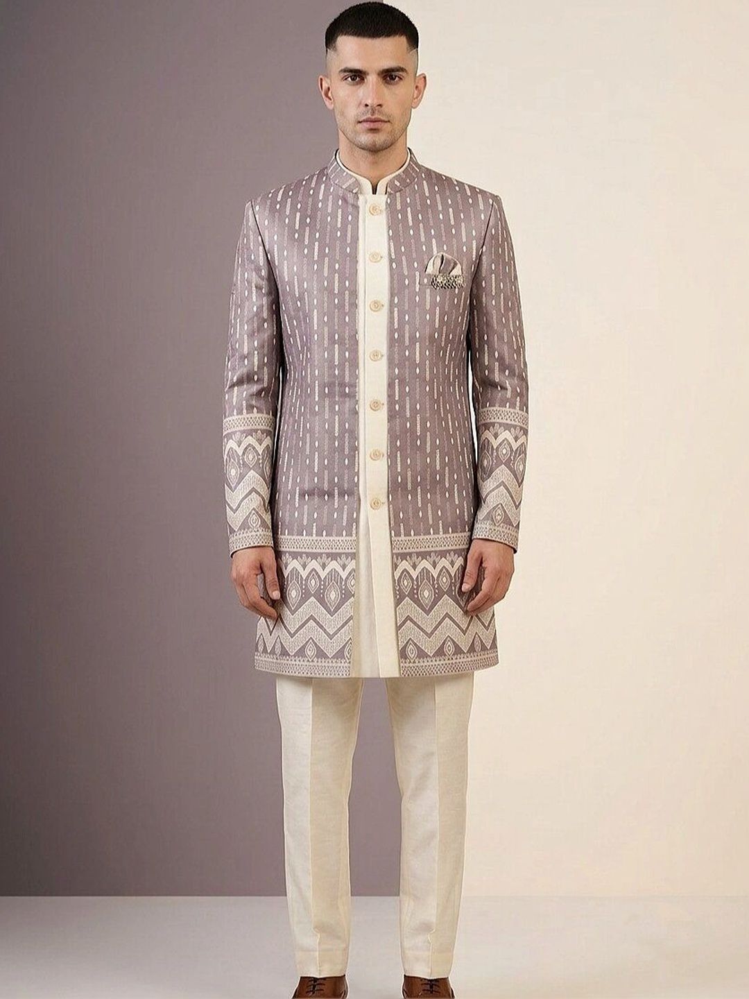 Rajkuwar Mandarin Collar Sherwani-image-48