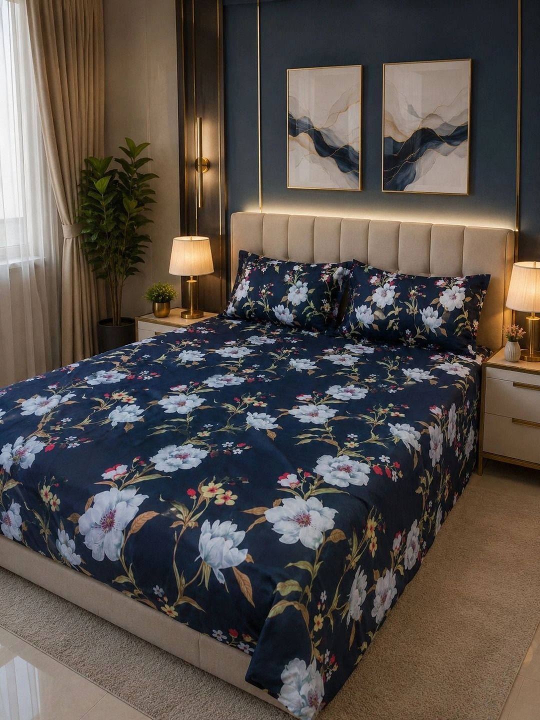 Luxury lane Blue & White Floral 400 TC Queen Bedsheet with 2 Pillow Covers-image-7