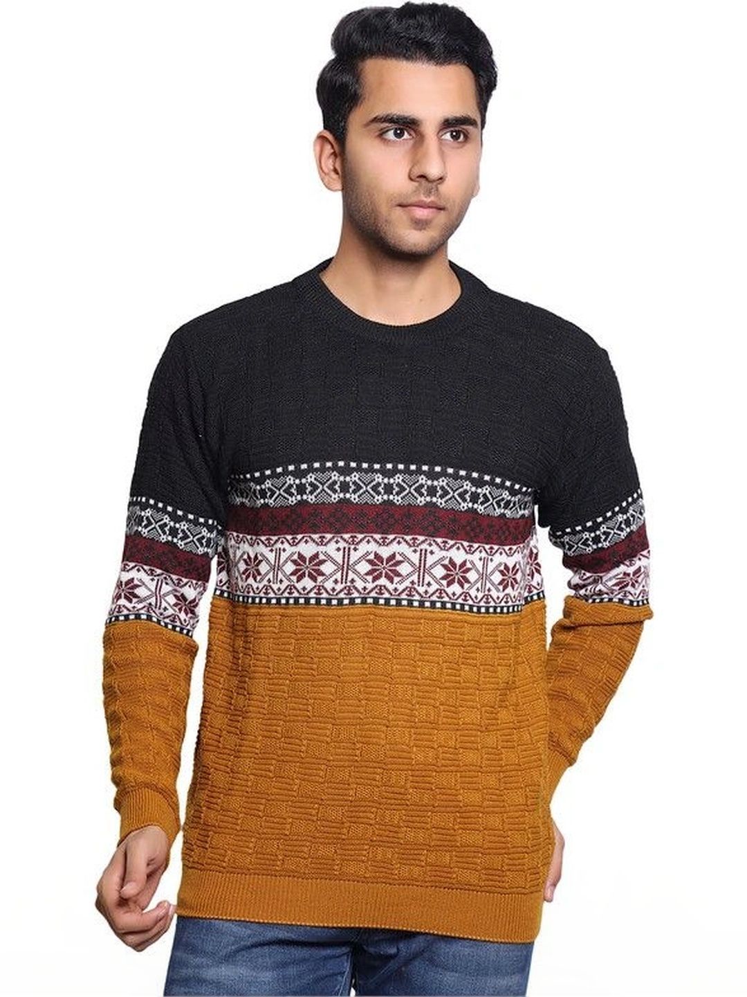 Grand Line Men Fair Isle Colourblocked Pullover-picture-55