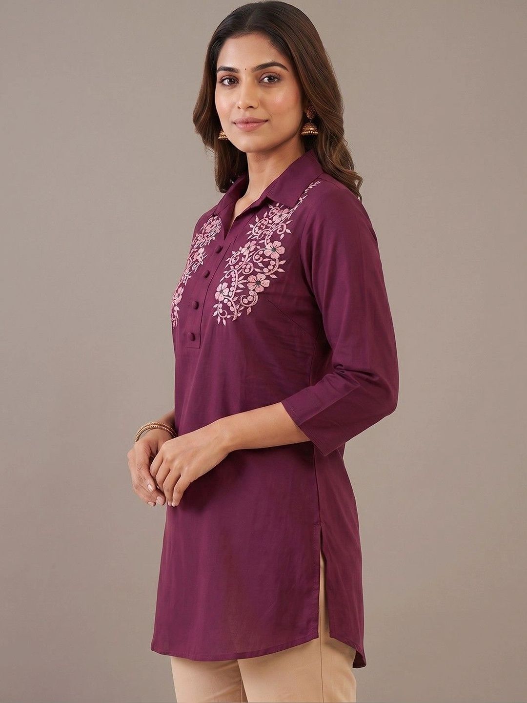 makemyfab Floral Embroidered Shirt Collar Kurti-picture-23