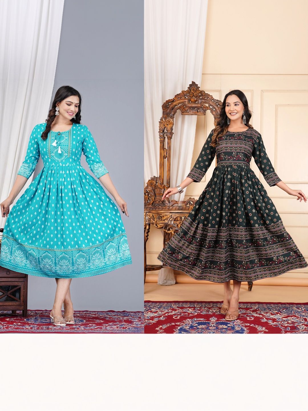 Vorcia Febtex Pack Of 2 Printed Calf-Length Fit & Flared Ethnic Dress-picture-45