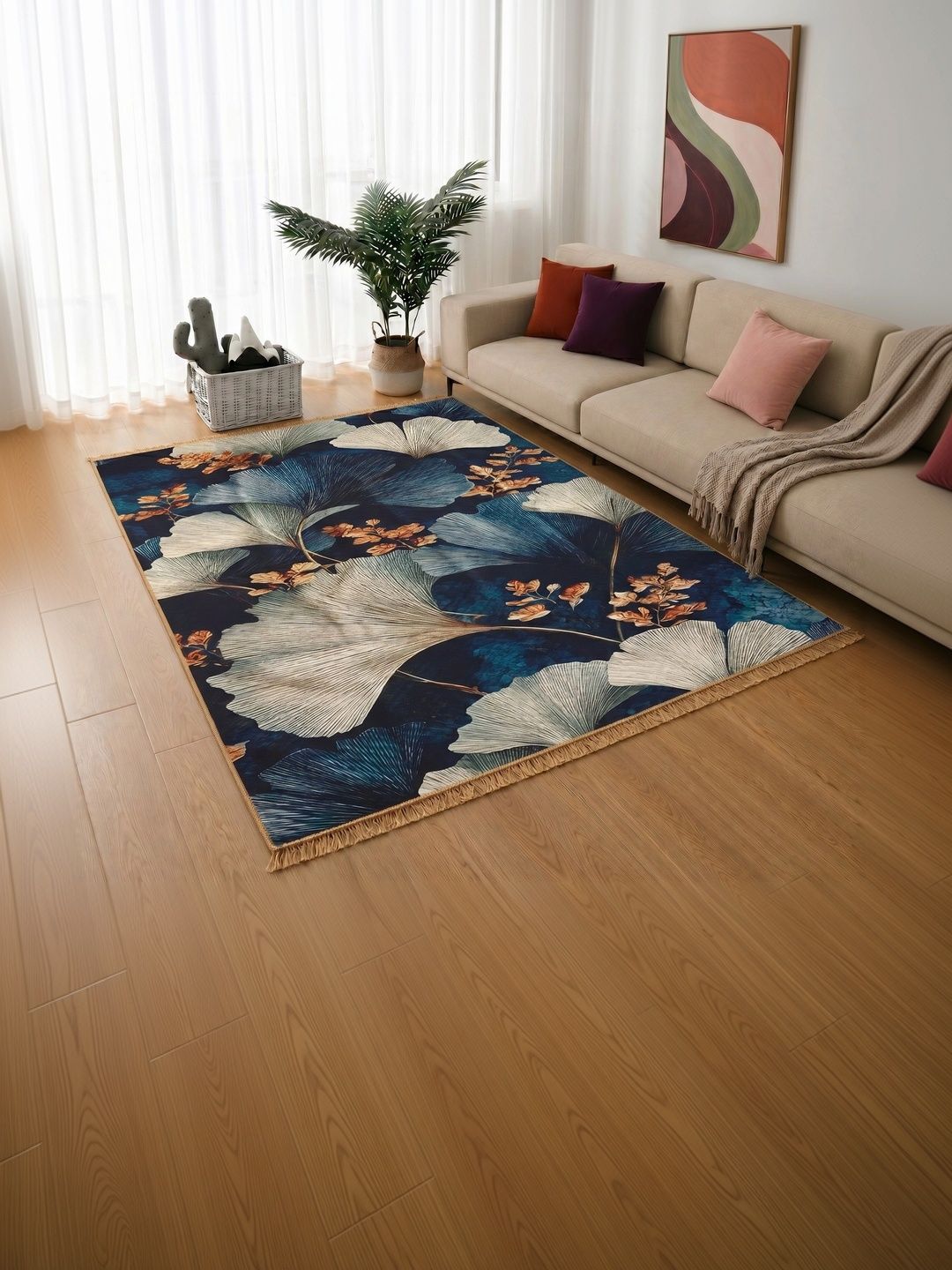 Fashion String Navy Blue Floral Polyester Carpet-picture-29