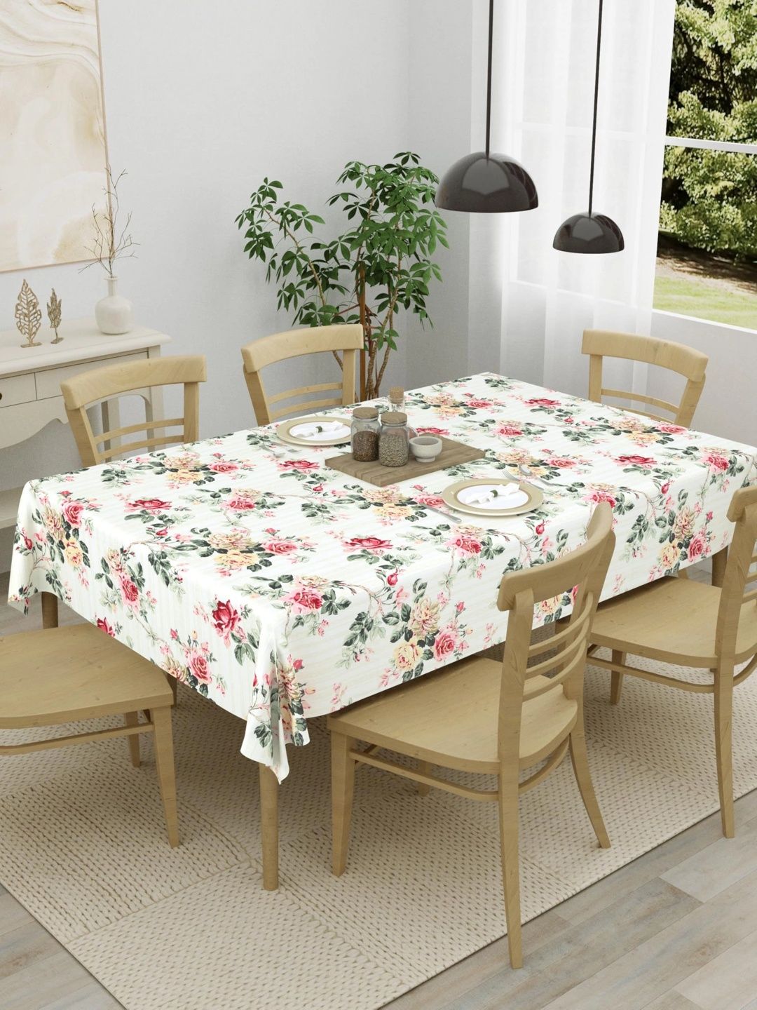 Aura Cream-Coloured Floral Cotton 6-Seater Table Cover-picture-14