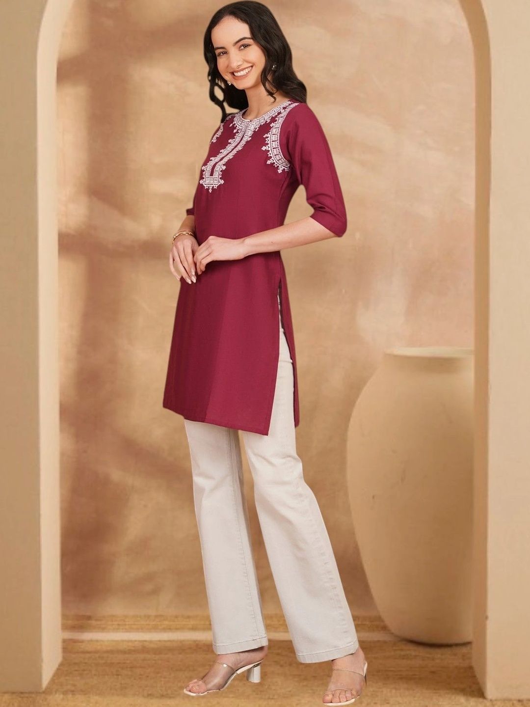 Anouk Rustic Ethnic Motifs Embroidered Thread Work Pure Cotton Blend Khadi Thread Work Kurti-picture-26