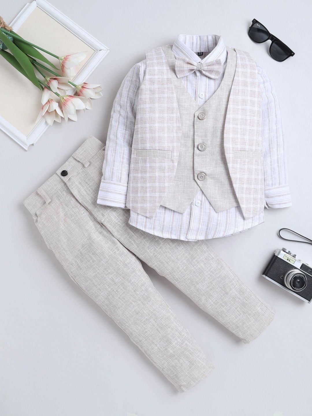 Miss & Chief Boys Checked Collarless Single-Breasted Three-Piece Suit-picture-1