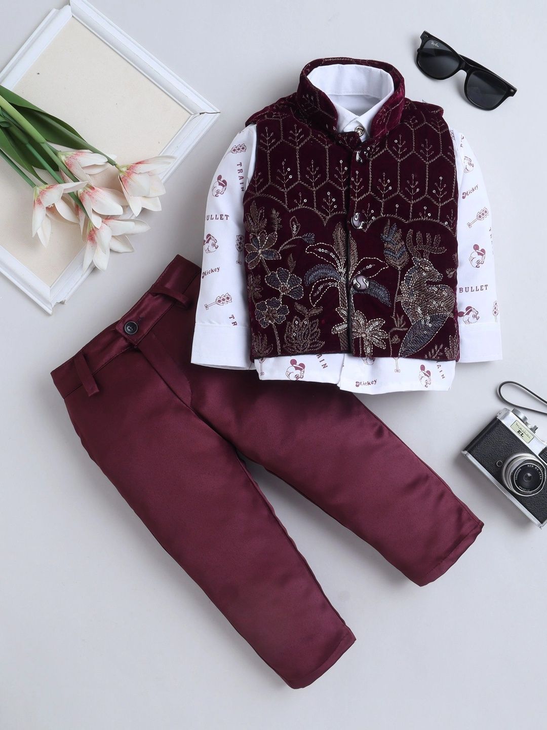 Miss & Chief Self Design Mandarin Collar 3 Piece Waistcoat and Trousers Suits-picture-46