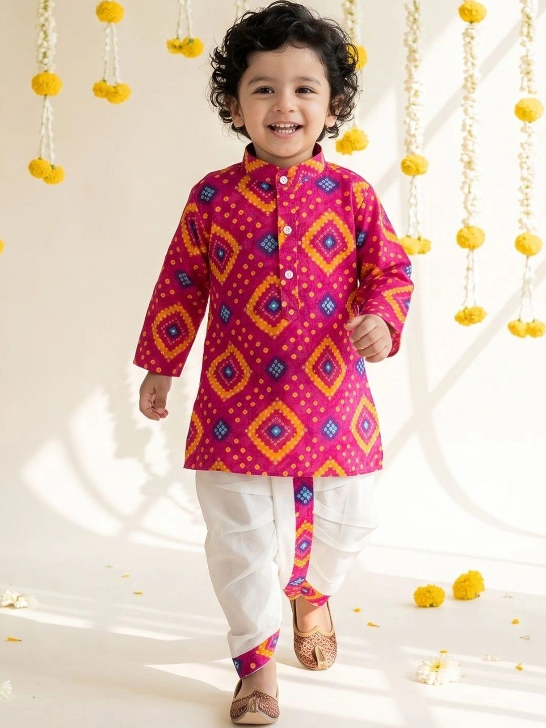Aj DEZInES Boys Bandhani Printed Regular Pure Cotton Kurta with Dhoti Pants-picture-23