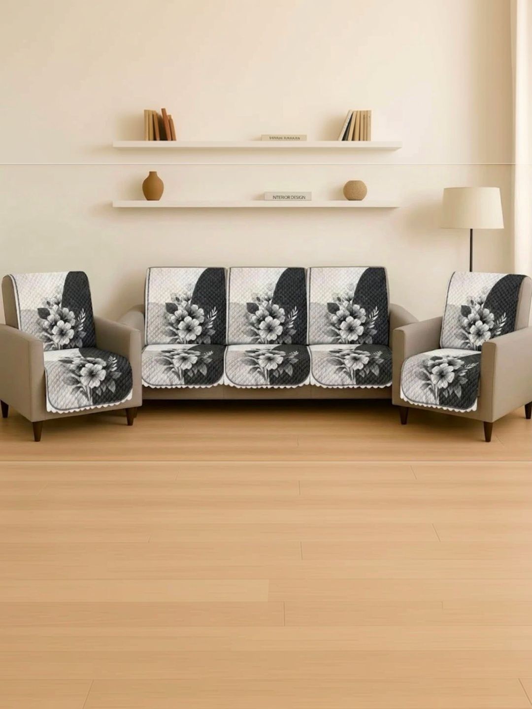 GOVINDIKA Grey Printed Cotton Blend Sofa Cover Without Arms-image-18