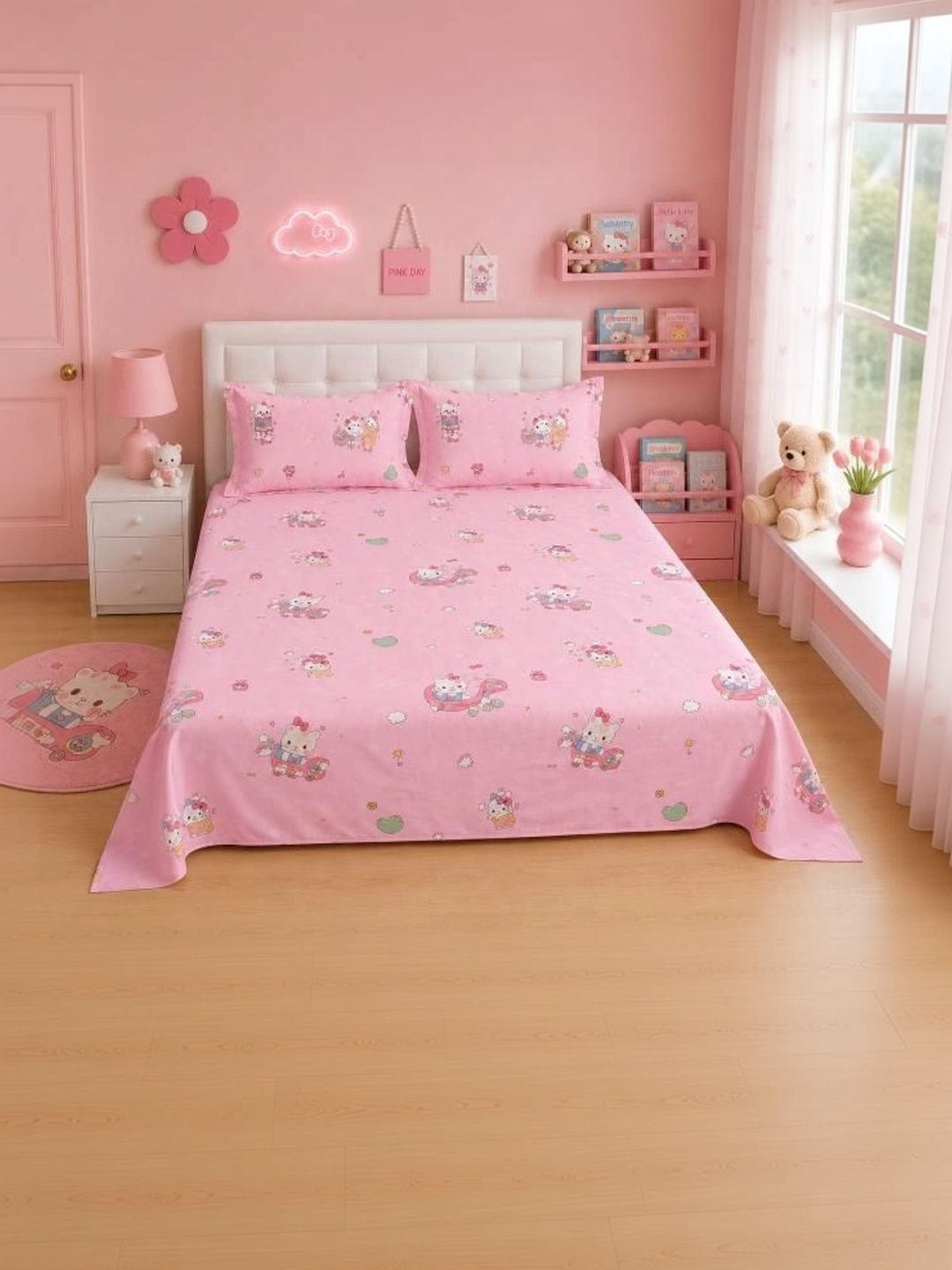 Filymore Pink & White Cartoon Characters 300 TC Bedsheet with 2 Pillow Covers-picture-37