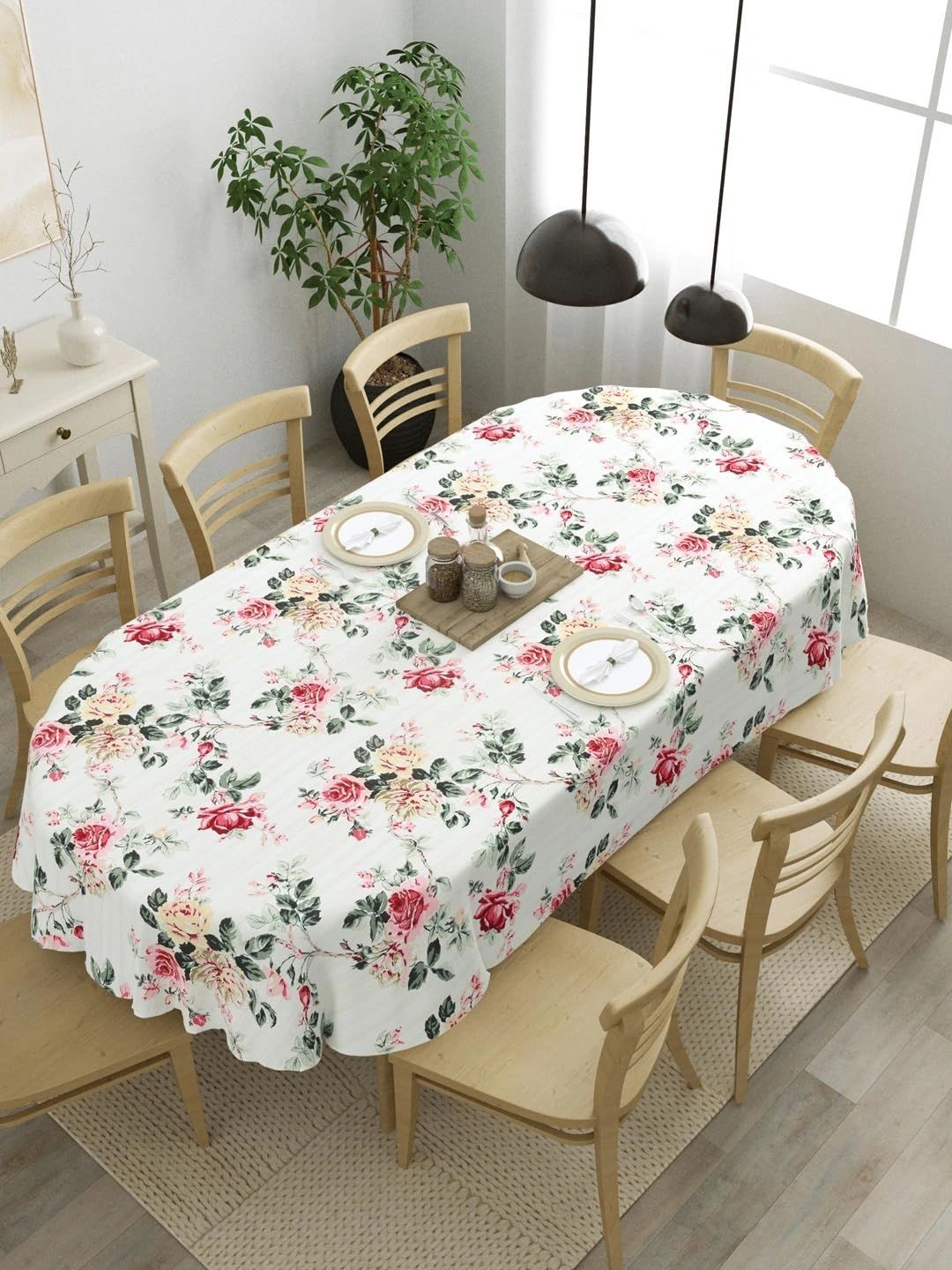 Myntra Elegant Homes Cream-Coloured Floral Cotton Oval 6-Seater Table Cover-picture-20