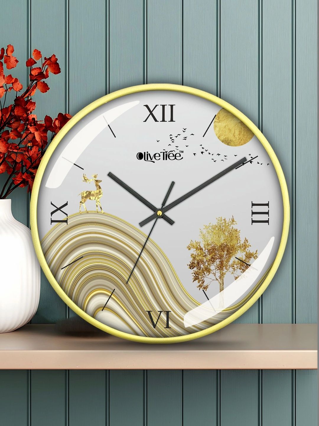 OLIVE TREE Gold-Toned & White Printed Contemporary Wall Clock-picture-32