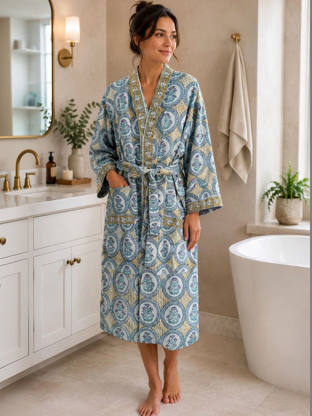 Gulaab Jaipur Printed Waffled Cotton Midi Bath Robe-picture-46