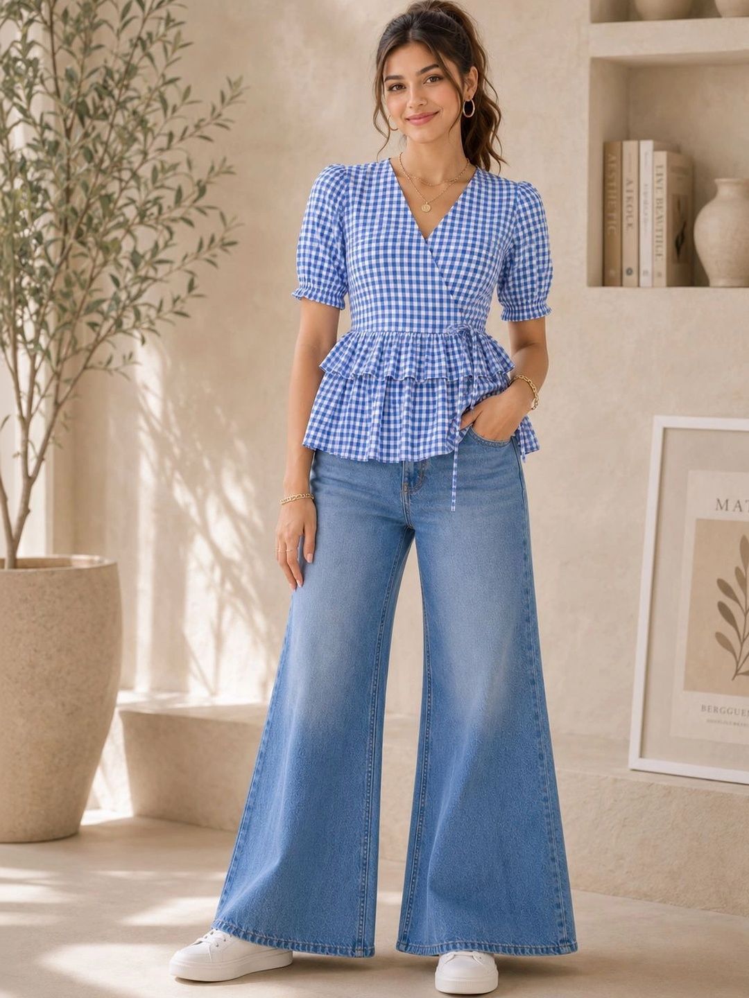 DressBerry Checked Puff Sleeve Ruffles Cotton Wrap Top-picture-10