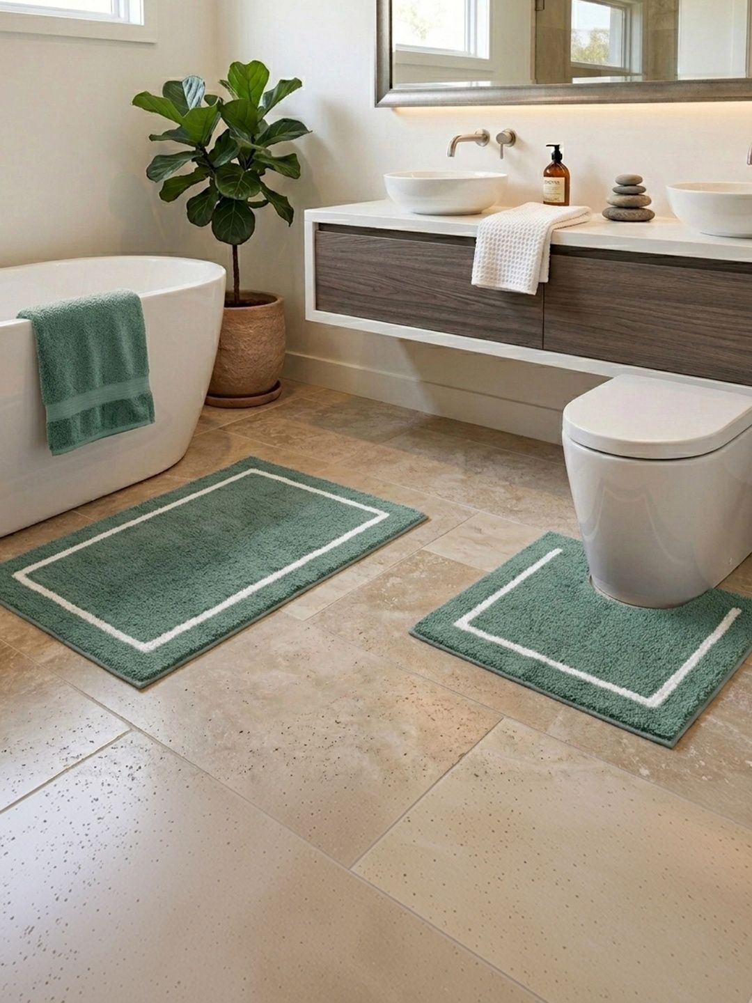 DECOVIA 2Pcs Green & White Self-Designed Cotton 2000-GSM Soft & Washable Bath Rugs-picture-48