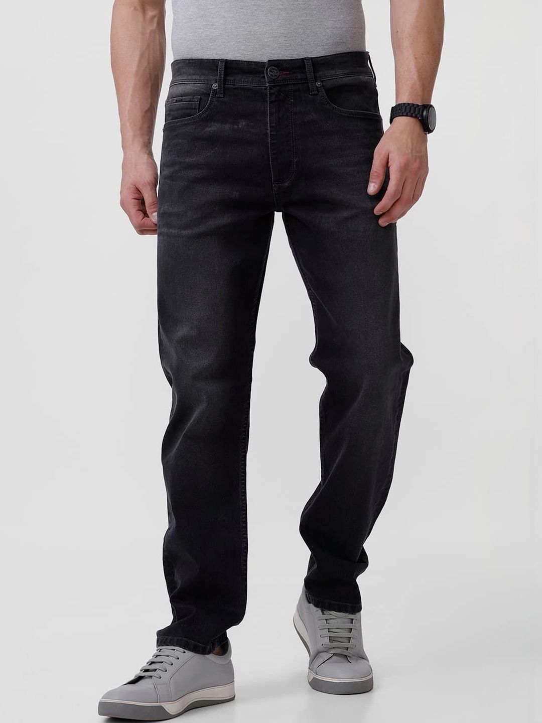 Basics Men Regular Fit Mid-Rise Low Distress Stretchable Jeans