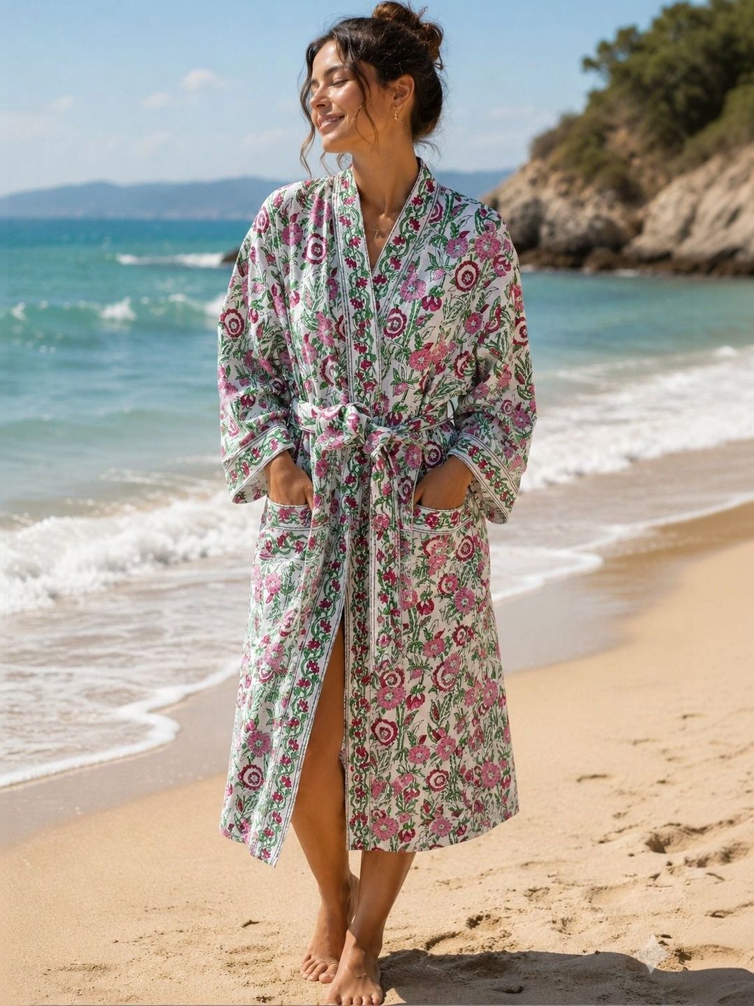 Gulaab Jaipur Printed Waffled Cotton Midi Bath Robe-picture-43