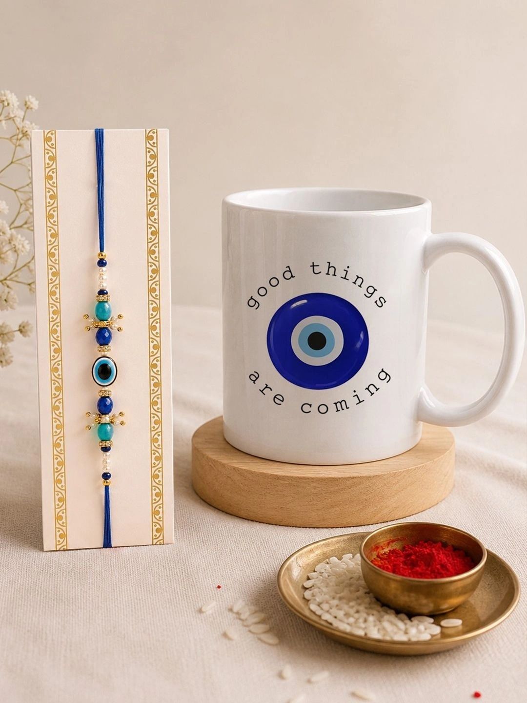 Giftii Artificial Stones Studded & Beaded Thread Rakhi With Roli Chawal & Mug Gift Set-picture-40