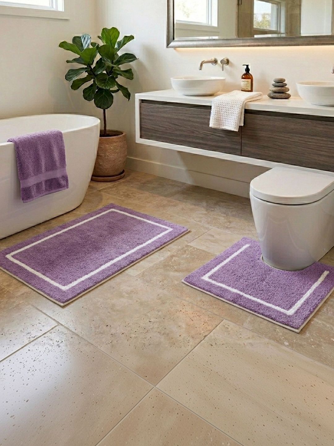 DECOVIA 2Pcs Lavender-Colored & White Self-Designed Cotton 2000-GSM Soft Bath Rugs-image-20