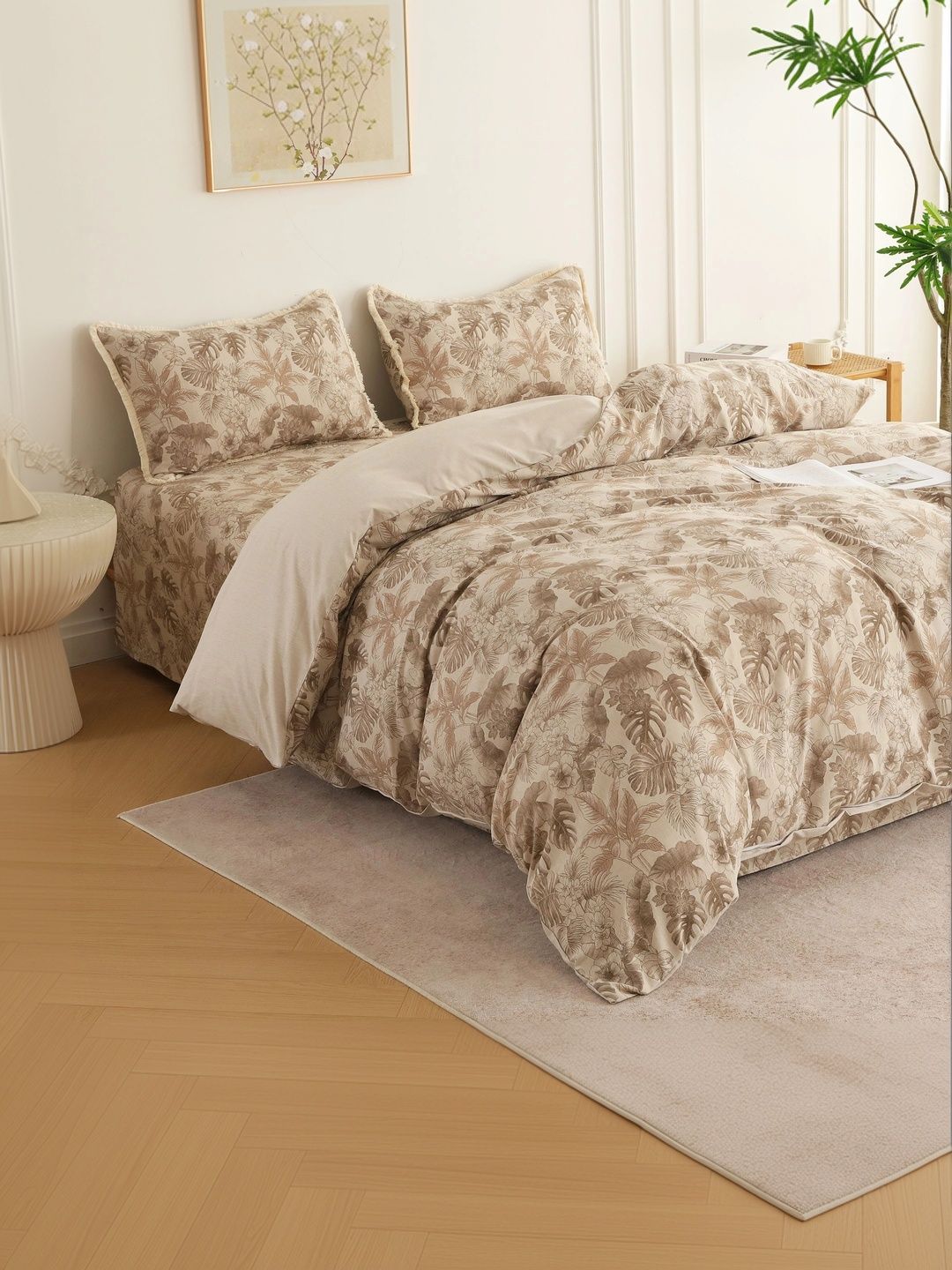 Story@home Beige & Brown Floral-Printed Cotton Superfined Double Bed - King Bed Covers-picture-45