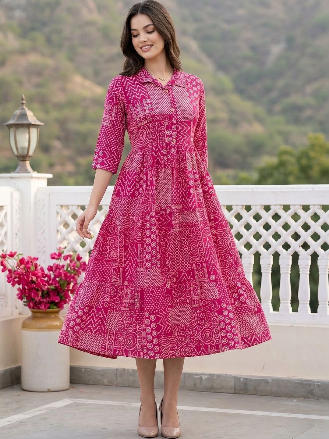 KALINI Ethnic Motifs Print A-Line Midi Dress