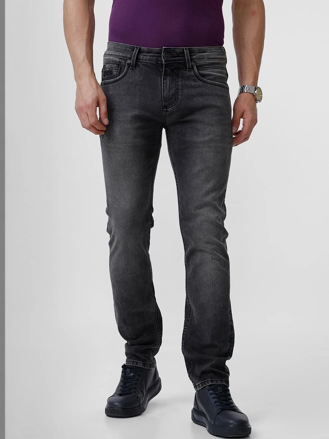 Basics Men Straight Fit Mid-Rise Low Distress Stretchable Jeans