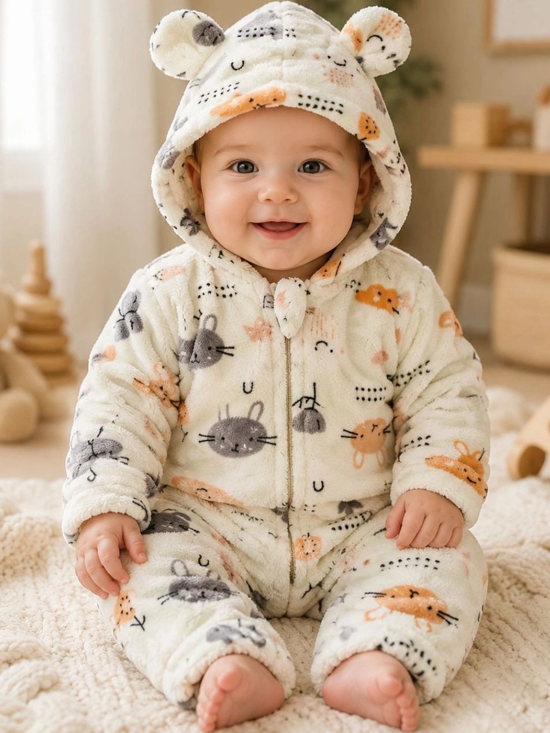 Cuddleloom Infants Boys Printed Cotton Hooded Neck Rompers-image-21