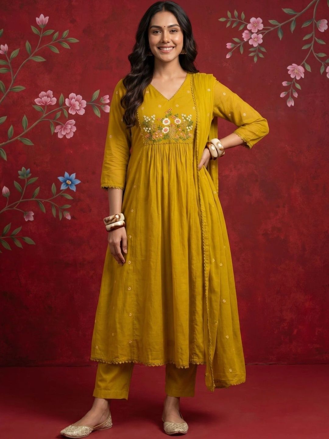 Sangria Women Floral Embroidered Empire Thread Work Pure Silk Kurta with Trousers & With Dupatta-picture-19