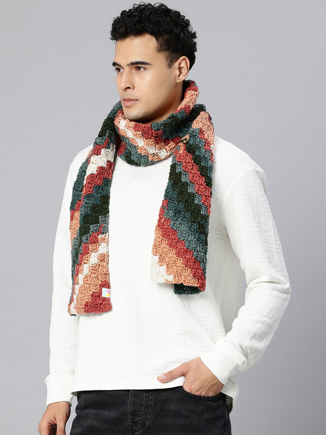 Magic Needles Men Colourblocked Crochet Scarf-picture-8