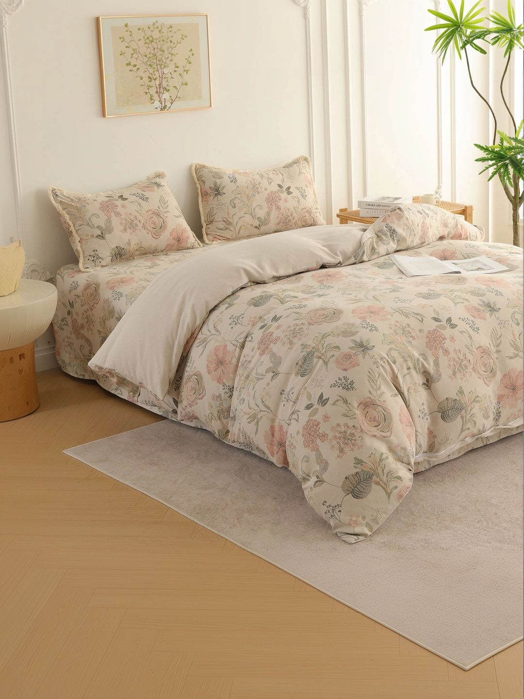 Story@home Beige & Pink Floral-Printed Cotton Superfined Double Bed - King Bed Covers-picture-11