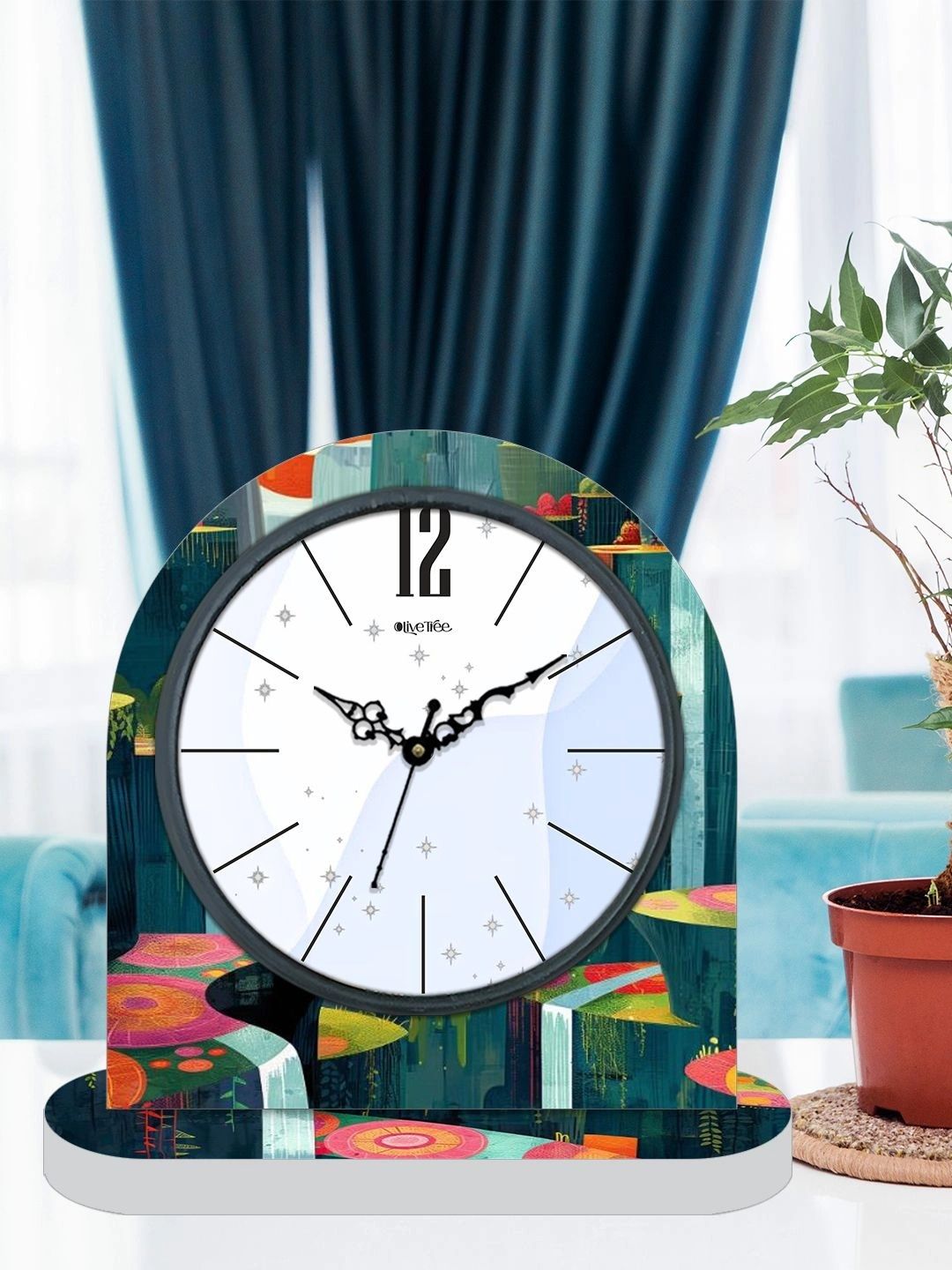 OLIVE TREE Multicoloured Printed Abstract Shaped Table Clock-image-36