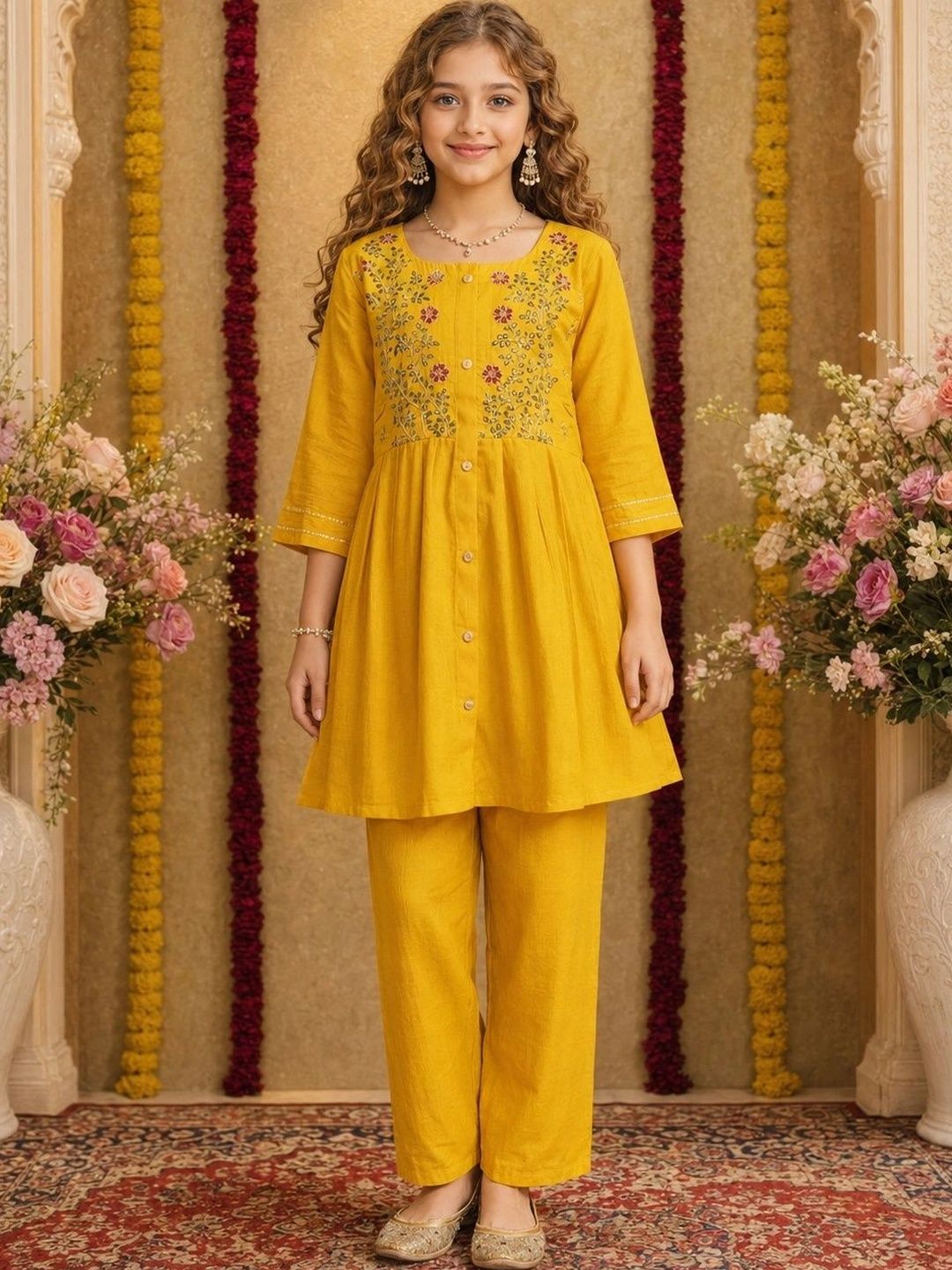 Muhuratam Girls Ethnic Motifs Embroidered Empire Thread Work Kurta with Trousers-picture-33