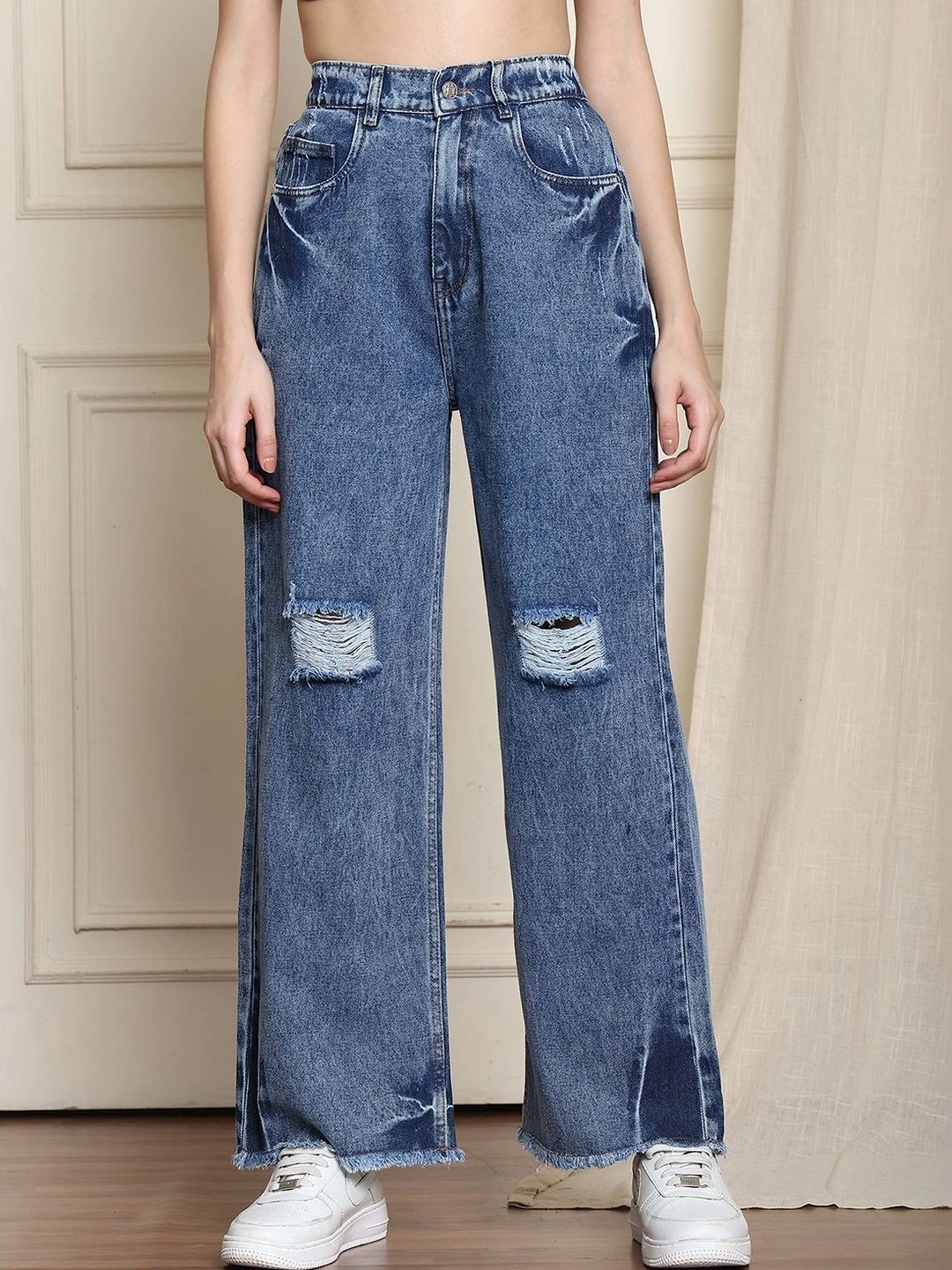Mast & Harbour Women Straight Fit High-Rise Highly Distressed Stretchable Jeans