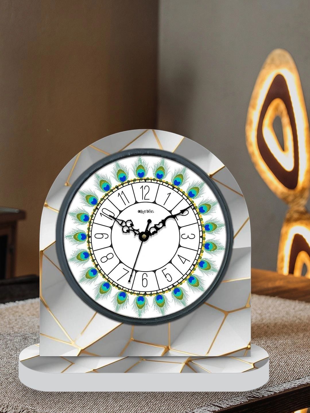 OLIVE TREE Gold-Toned & White Printed Geometric Vintage Table Clock-image-32